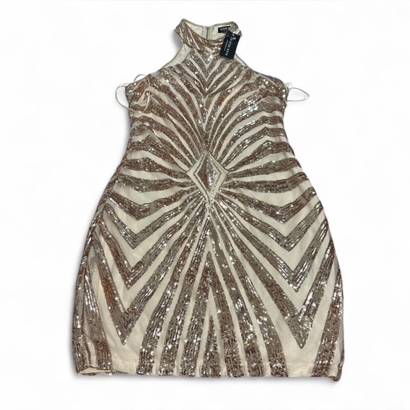 Fashion Nova Tan Gold Sequin Halter Mini Dress - Picture 1 of 2